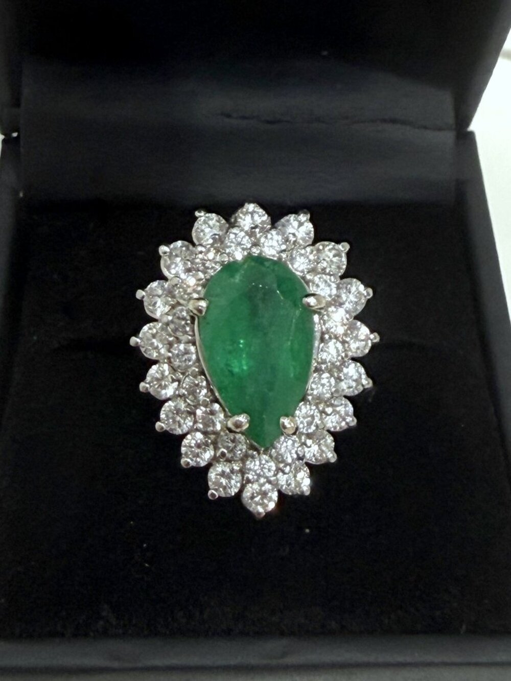 4.81 TCW Pear Shaped Natural Zambian Emerald & Double Diamond Halo Ring $12,750